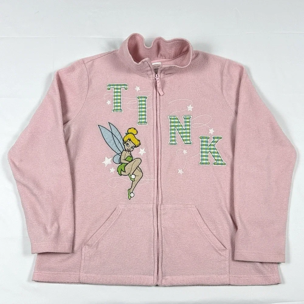 Disney Tinker Bell Pink Fleece Full Zip Womens Fleece Jacket Cardigan Sweater XL - Picture 1 of 12